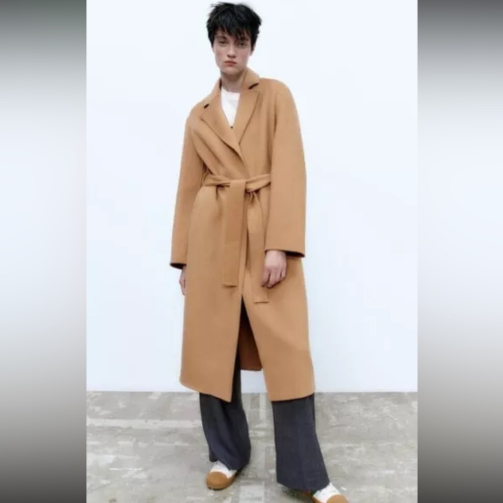 ZARA-Belted Wool Blend Coat Burnt Orange Color Women Size S